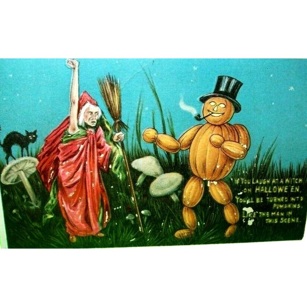Halloween Postcard Witch Mushrooms Black Cat Goblin Fantasy Anglo-American 1903
